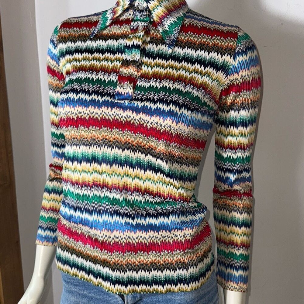 Vintage 60s Women's ZigZag Print Pointed Collar Multicolor Rainbow Stripe Size S
